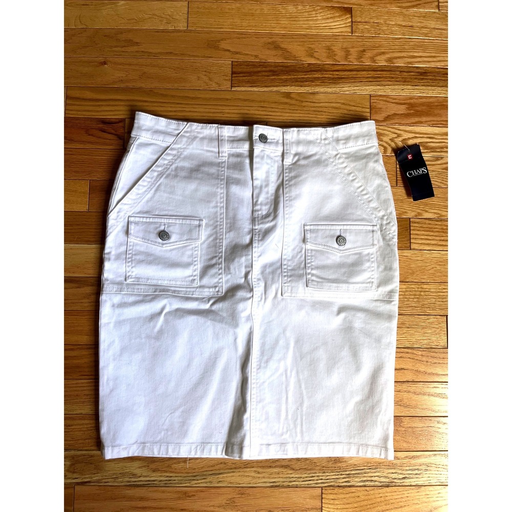 Chaps White Denim Utility Skirt 10 NWTS Cargo Pocketβ Casual Clean Girl Nautical